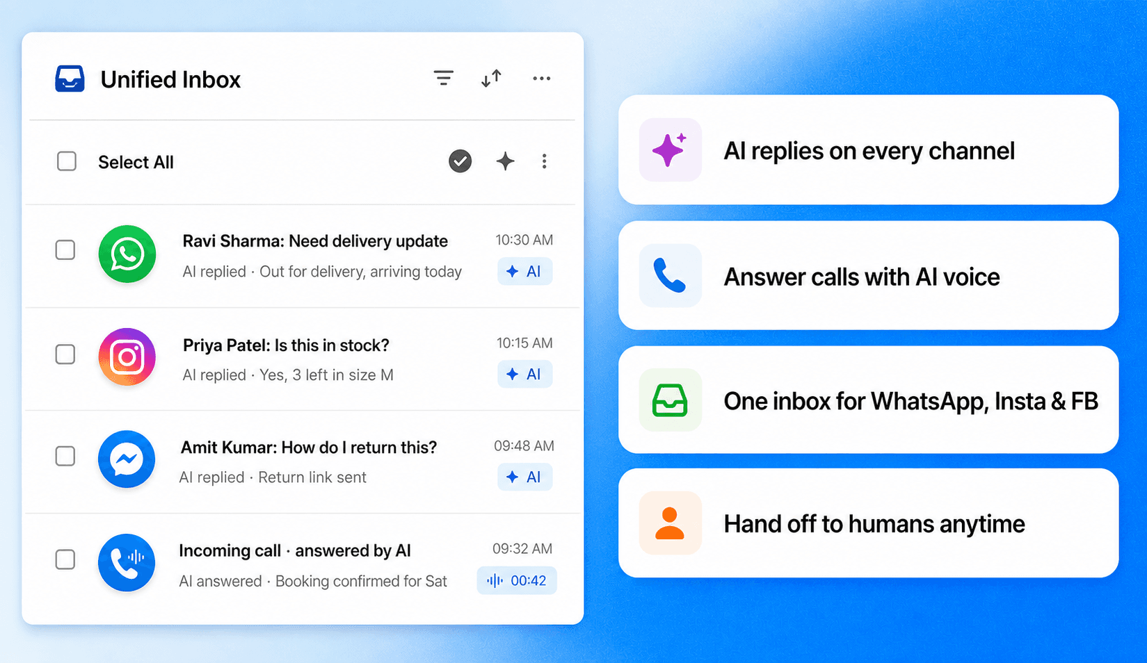 Brixi unified inbox with AI replies across WhatsApp, Instagram, Facebook, and voice calls