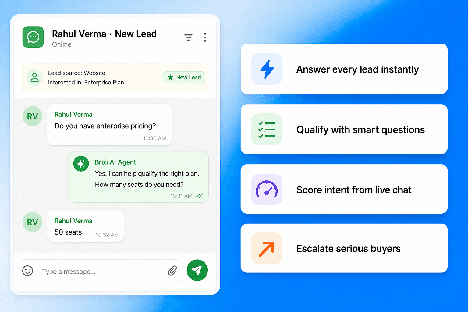 Brixi WhatsApp AI agent qualifying a customer conversation