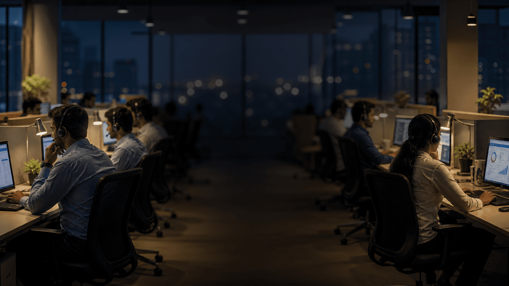 Sales team on calls in a modern office at dusk