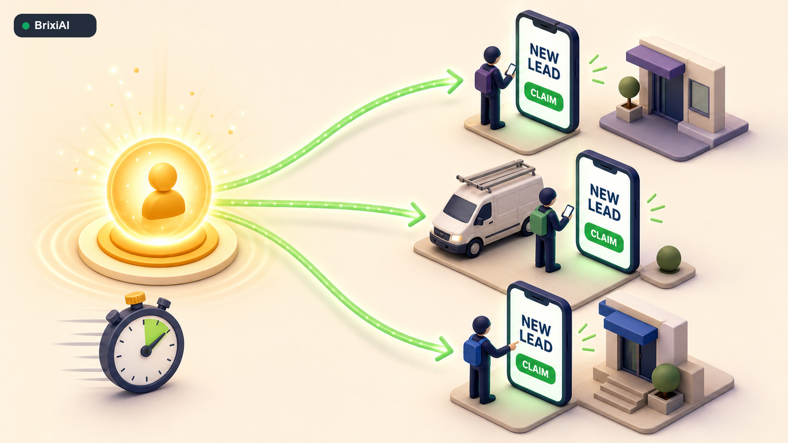 One new lead alert reaching three eligible sales representatives, each receiving a clear claim action.