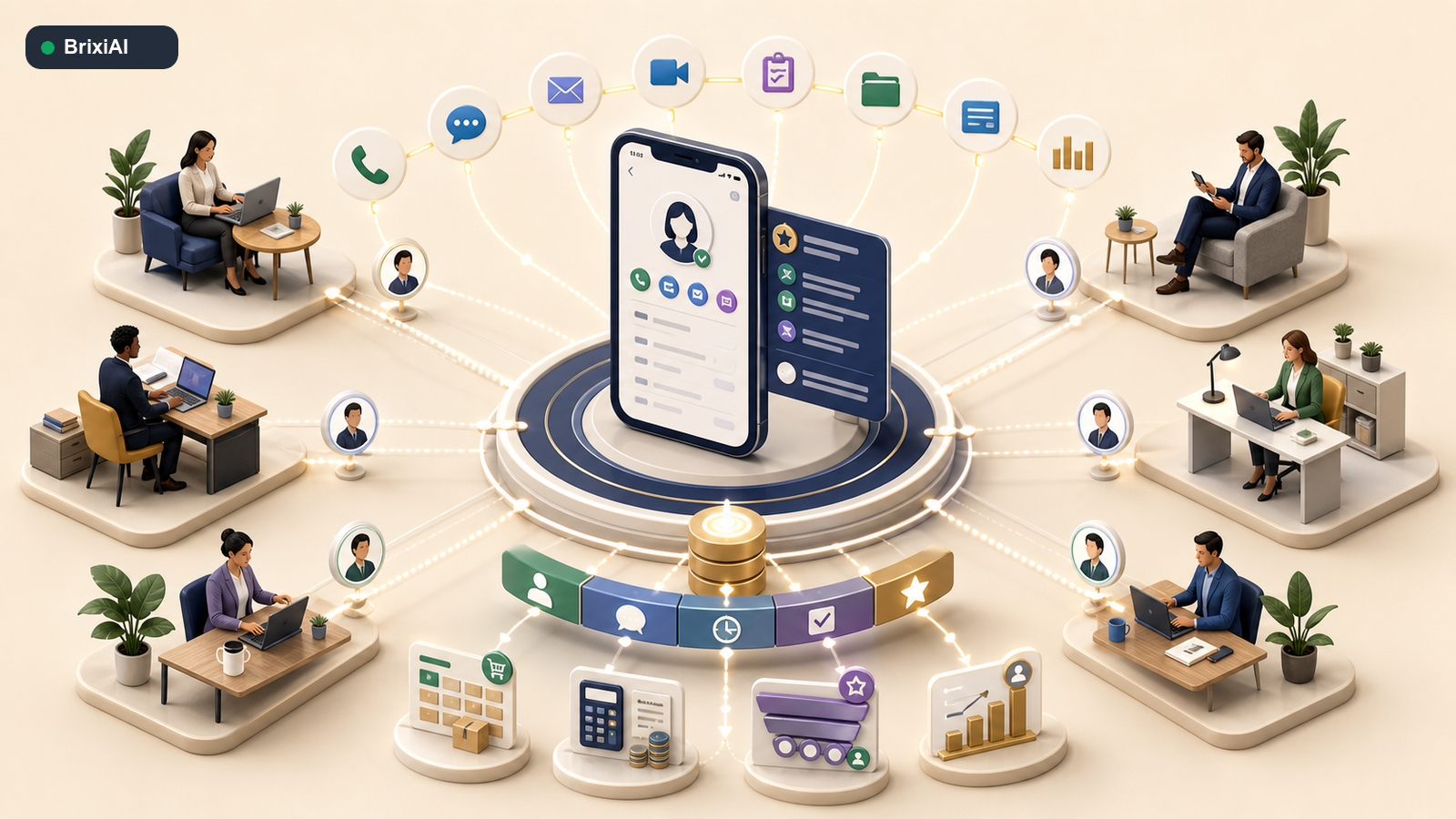 One mobile customer platform connecting field representatives, branches, calls, messages, meetings, products, tasks, and deals.