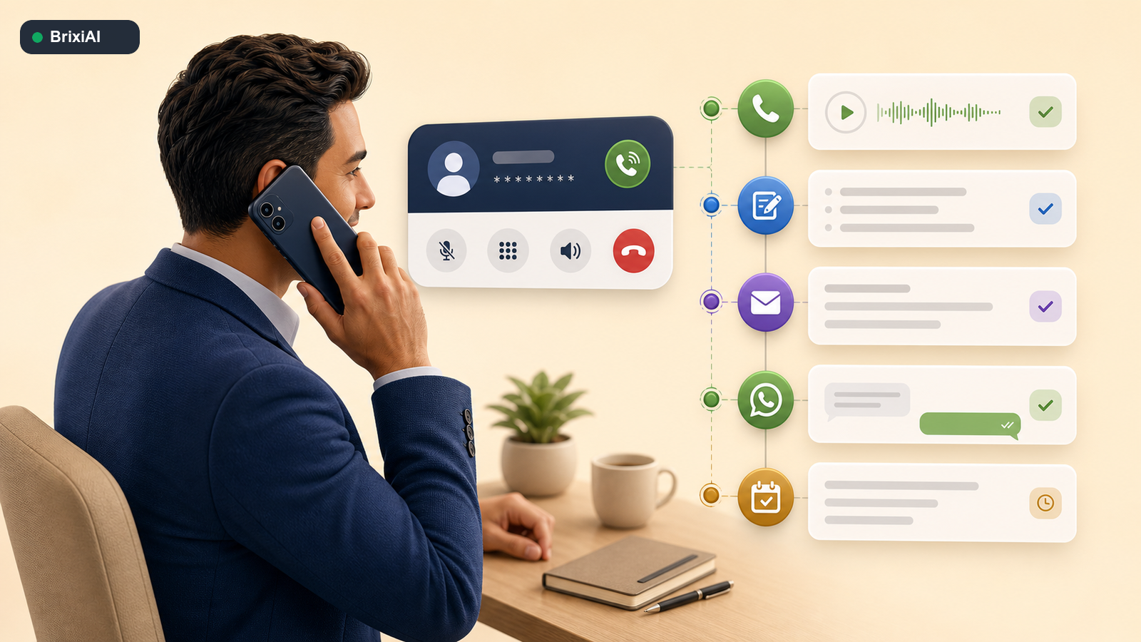 A salesperson calling from a mobile CRM with the customer record, call recording, messages, notes, and next task connected.