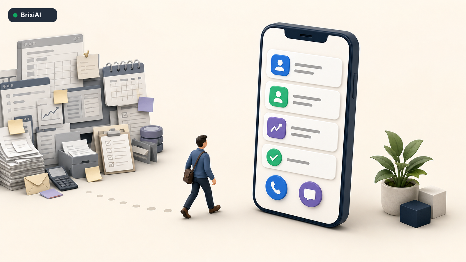 A simple mobile CRM replacing scattered desktop screens, paper notes, and separate communication tools.