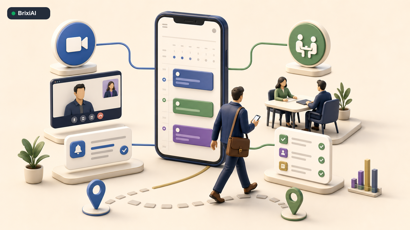 A mobile calendar connecting online and offline customer meetings to reminders, tasks, and deal updates.