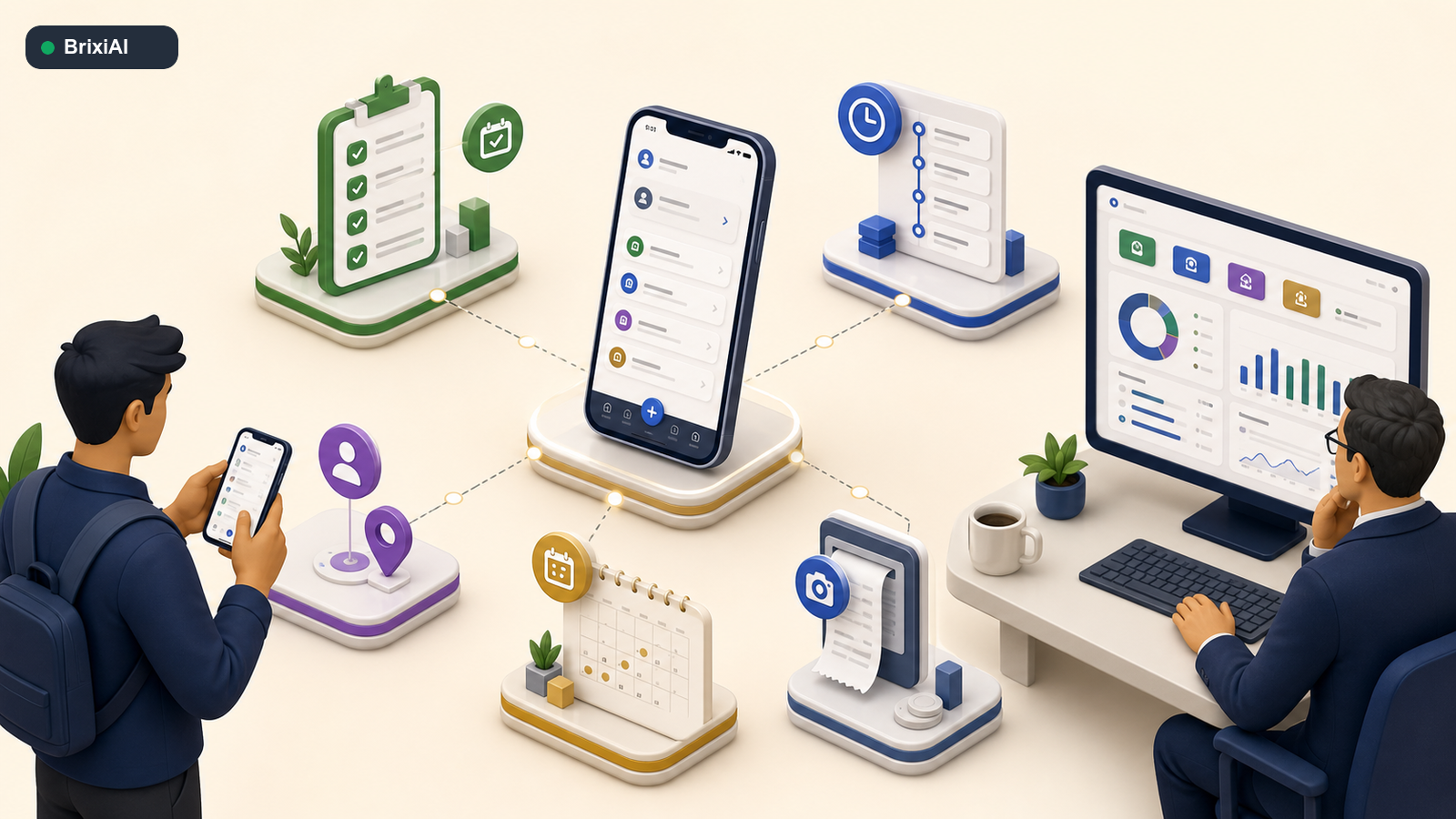 A mobile work hub connecting tasks, completed activities, attendance, leave, expenses, and manager visibility.