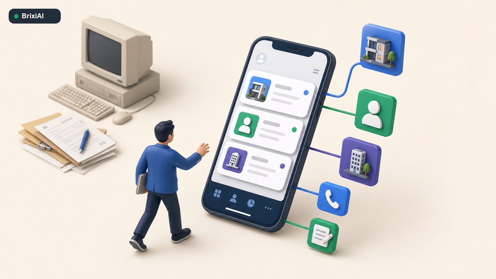 A field agent approaching a simple mobile CRM while an old desktop computer and paper forms remain unused.