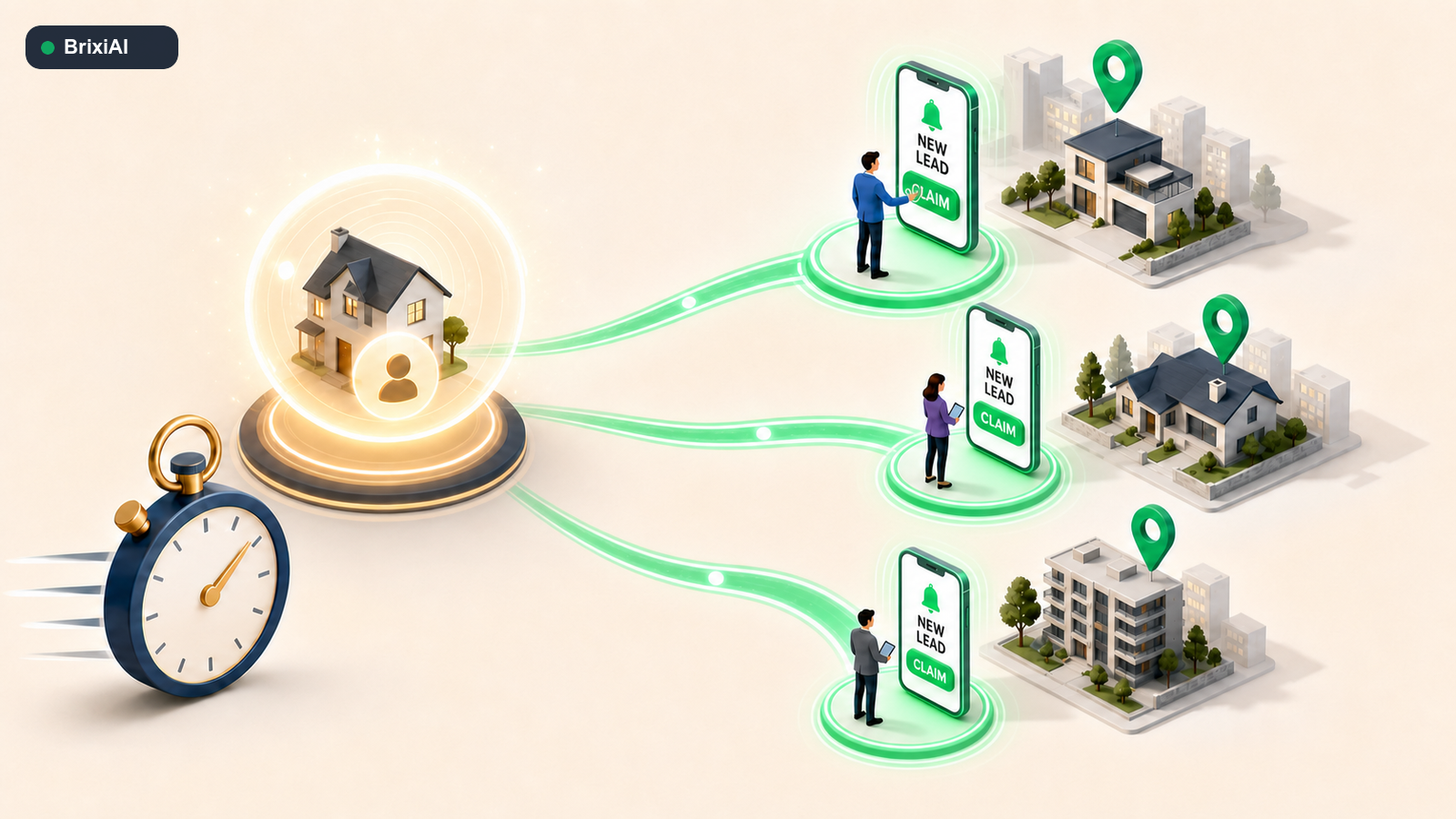 One new property lead alert reaching three eligible real estate agents simultaneously, with each phone showing a claim action.