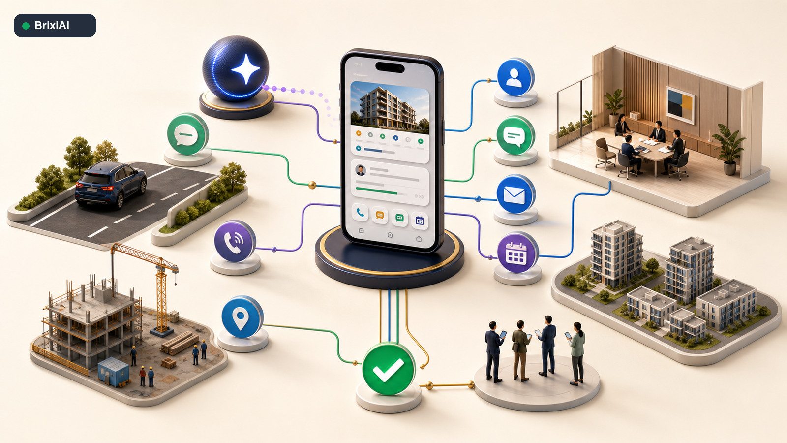 A central mobile CRM connecting calls, messages, meetings, inventory, project sites, broker meetings, and field teams.