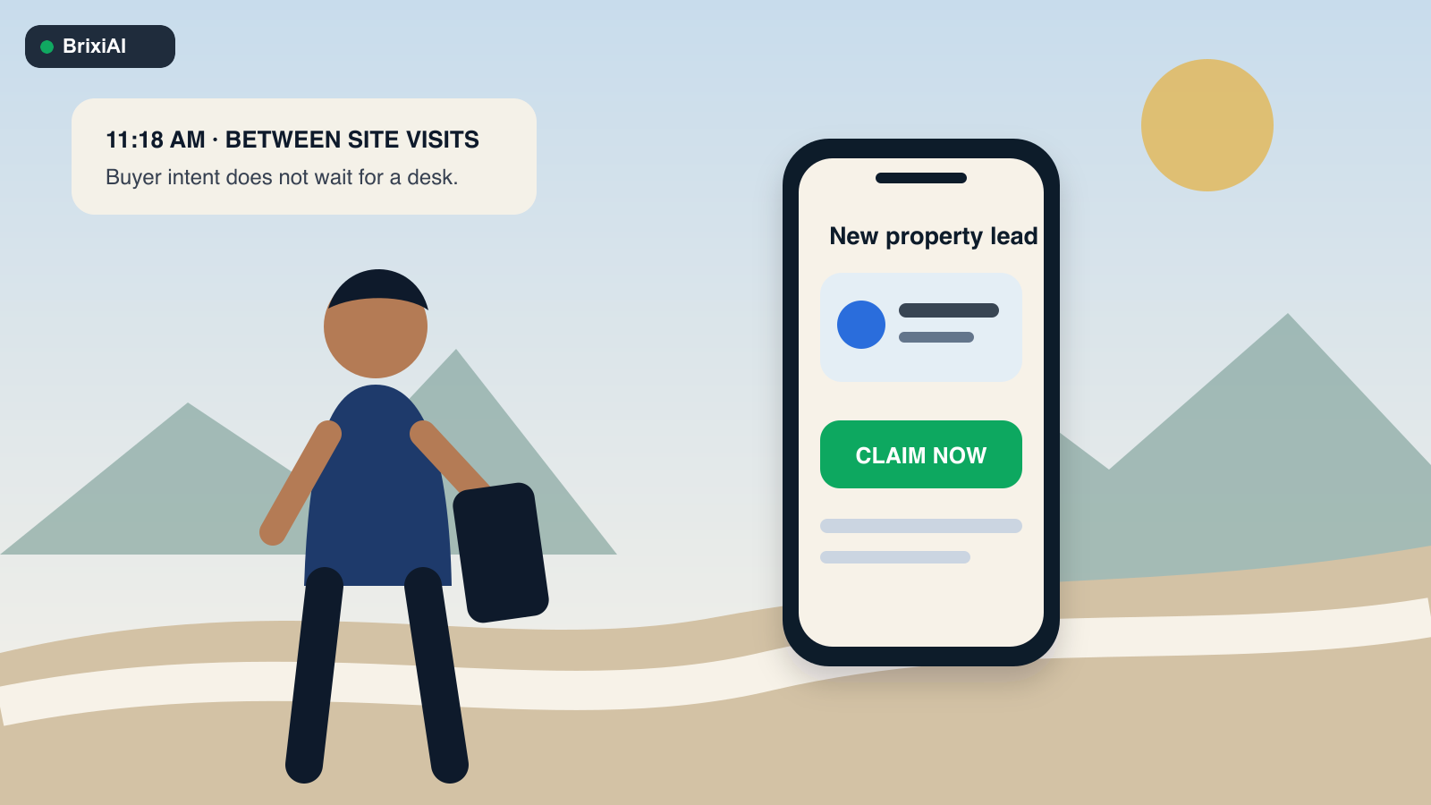 Illustrated real estate agent between project site visits receiving a new property lead alert on a mobile phone.