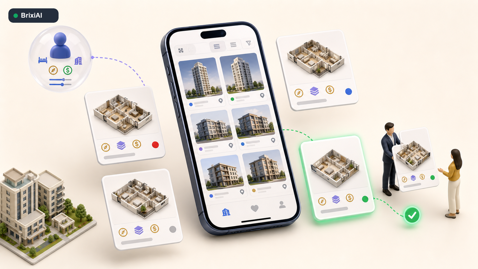 A mobile property inventory showing multiple units and highlighting the option that matches a buyer profile.