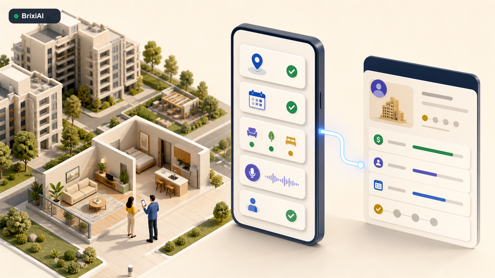 A property site visit connected through a mobile app to check-in, buyer preferences, voice notes, and CRM follow-up.